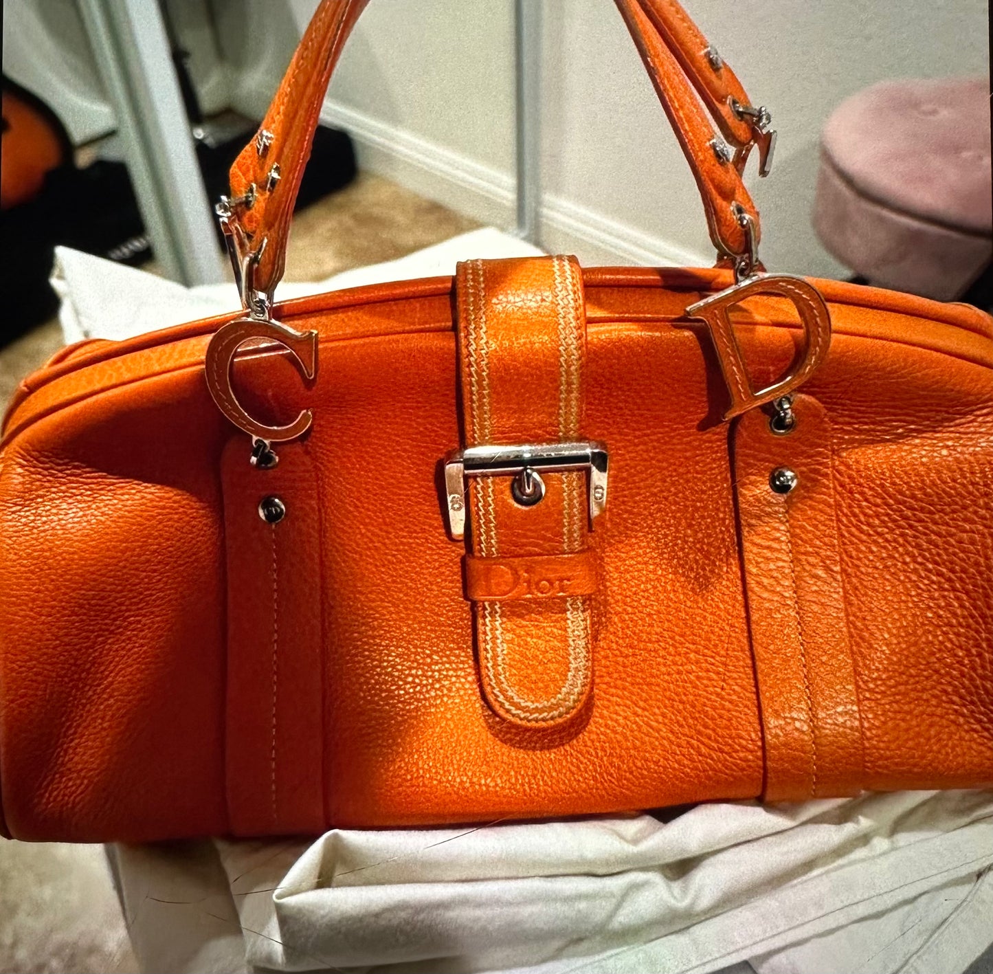 Grained Calfskin Frame Satchel Orange
