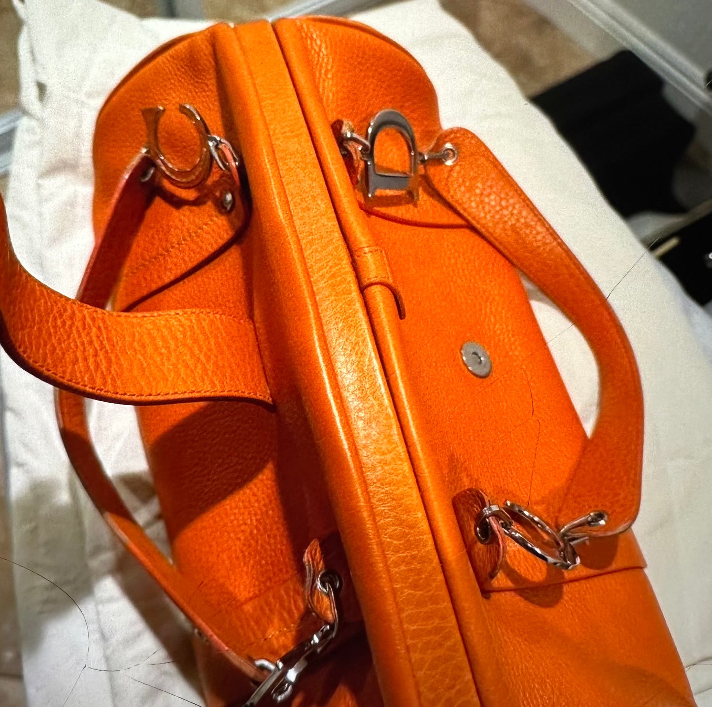 Grained Calfskin Frame Satchel Orange