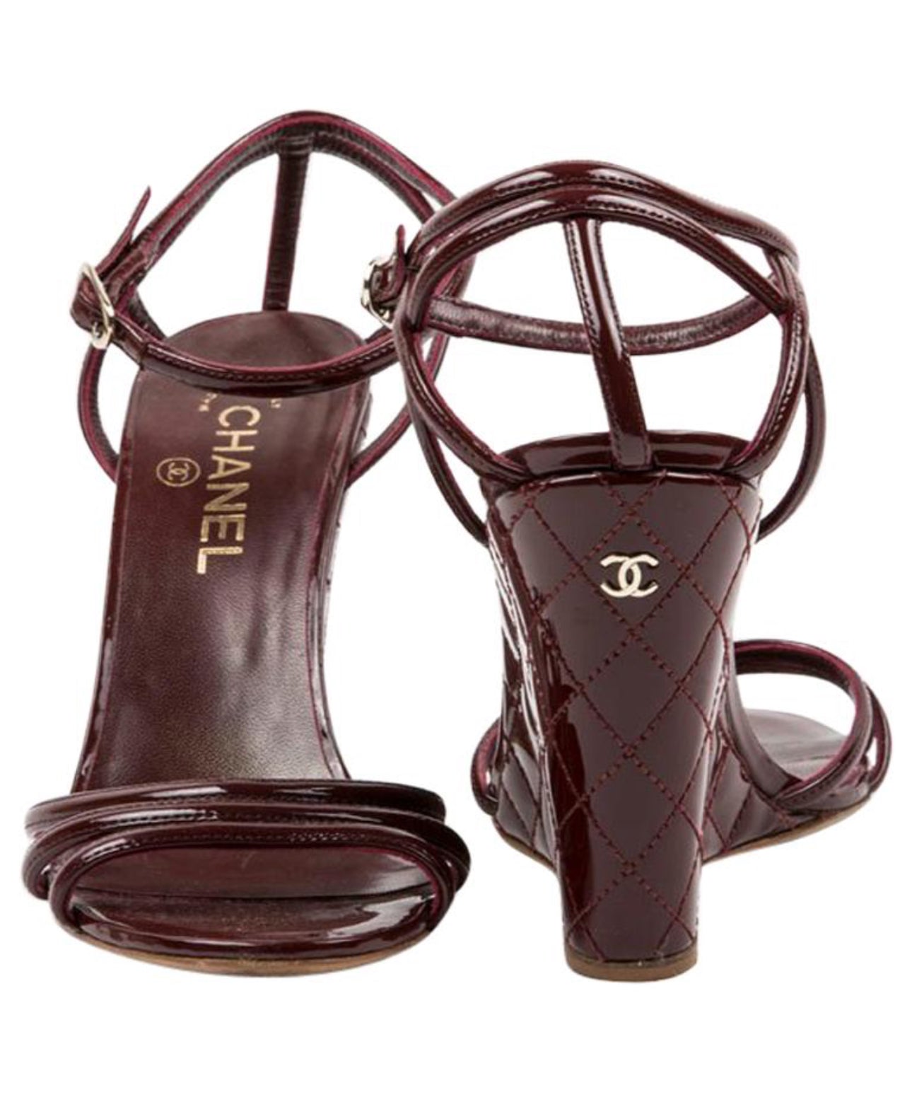 Chanel Burgundy Quilted Patent Leather Wedge Sandals π·