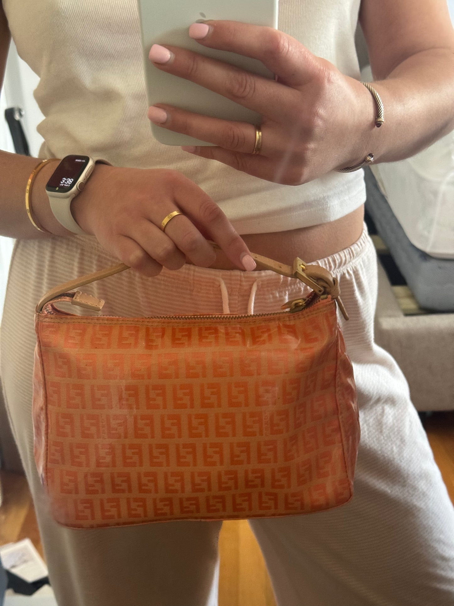 FENDI Zucchino Canvas Hand Bag Enamel coral