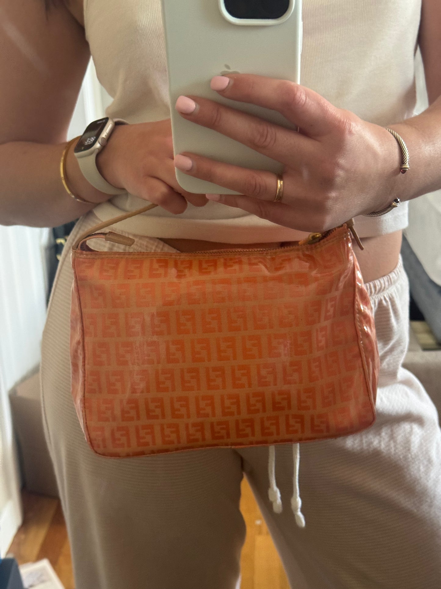 FENDI Zucchino Canvas Hand Bag Enamel coral
