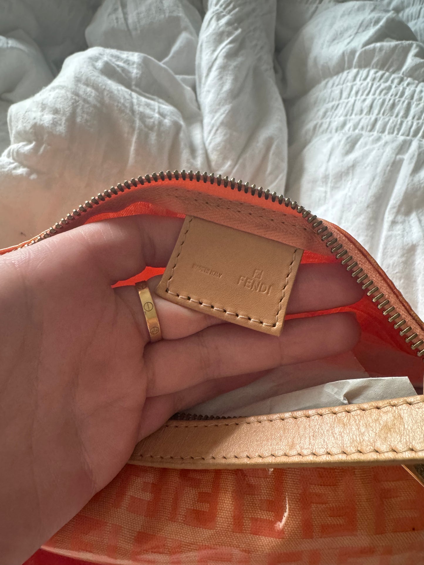 FENDI Zucchino Canvas Hand Bag Enamel coral