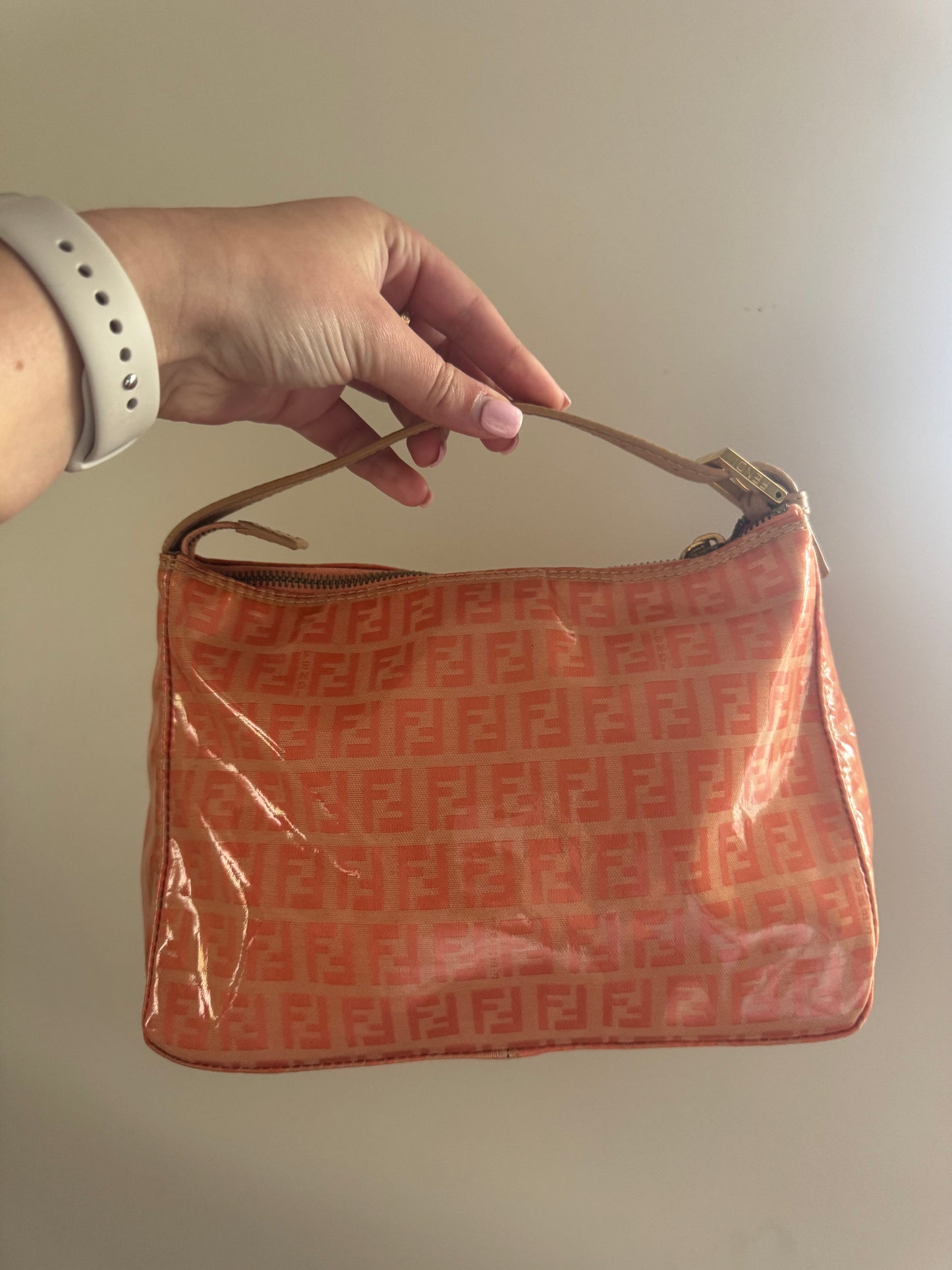 FENDI Zucchino Canvas Hand Bag Enamel coral