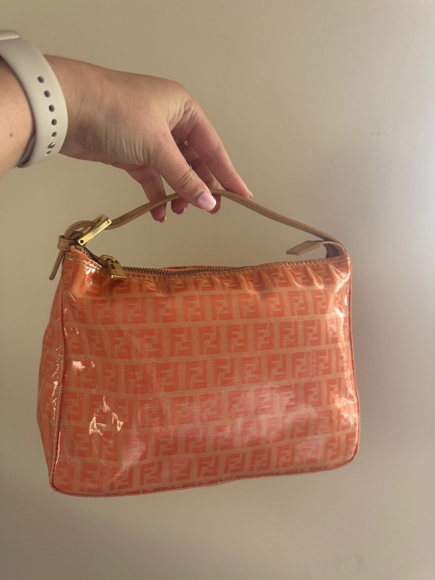 FENDI Zucchino Canvas Hand Bag Enamel coral