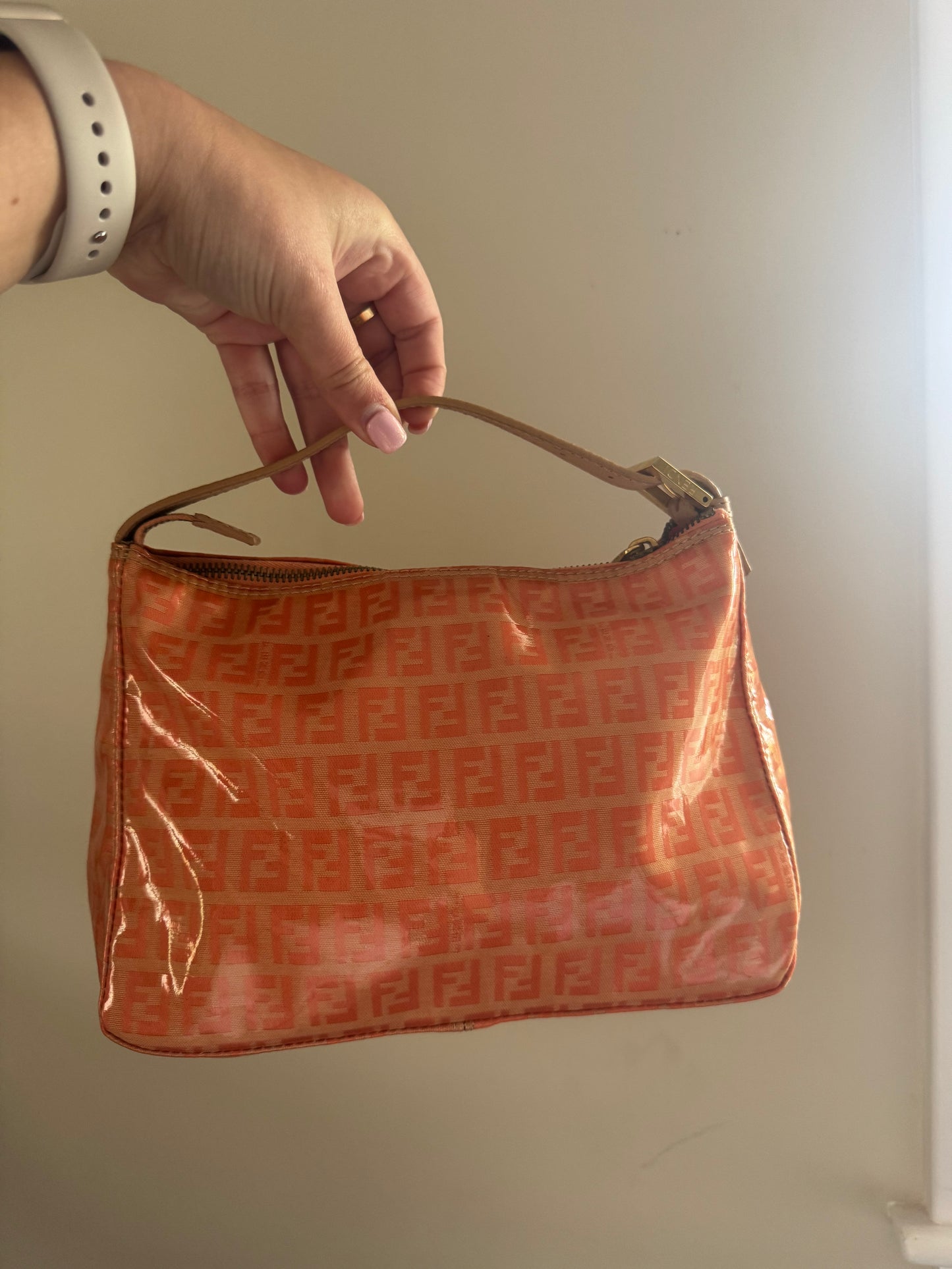 FENDI Zucchino Canvas Hand Bag Enamel coral