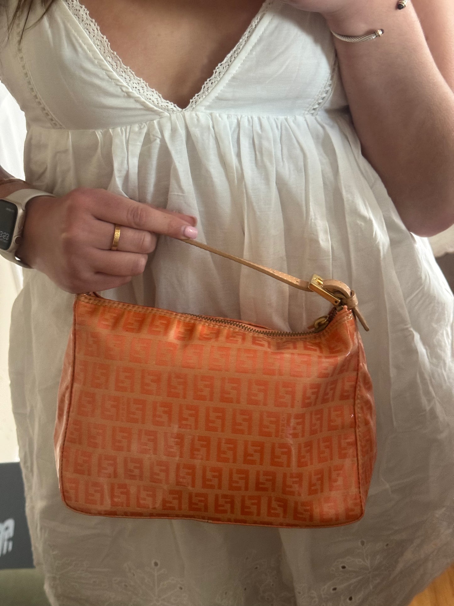 FENDI Zucchino Canvas Hand Bag Enamel coral