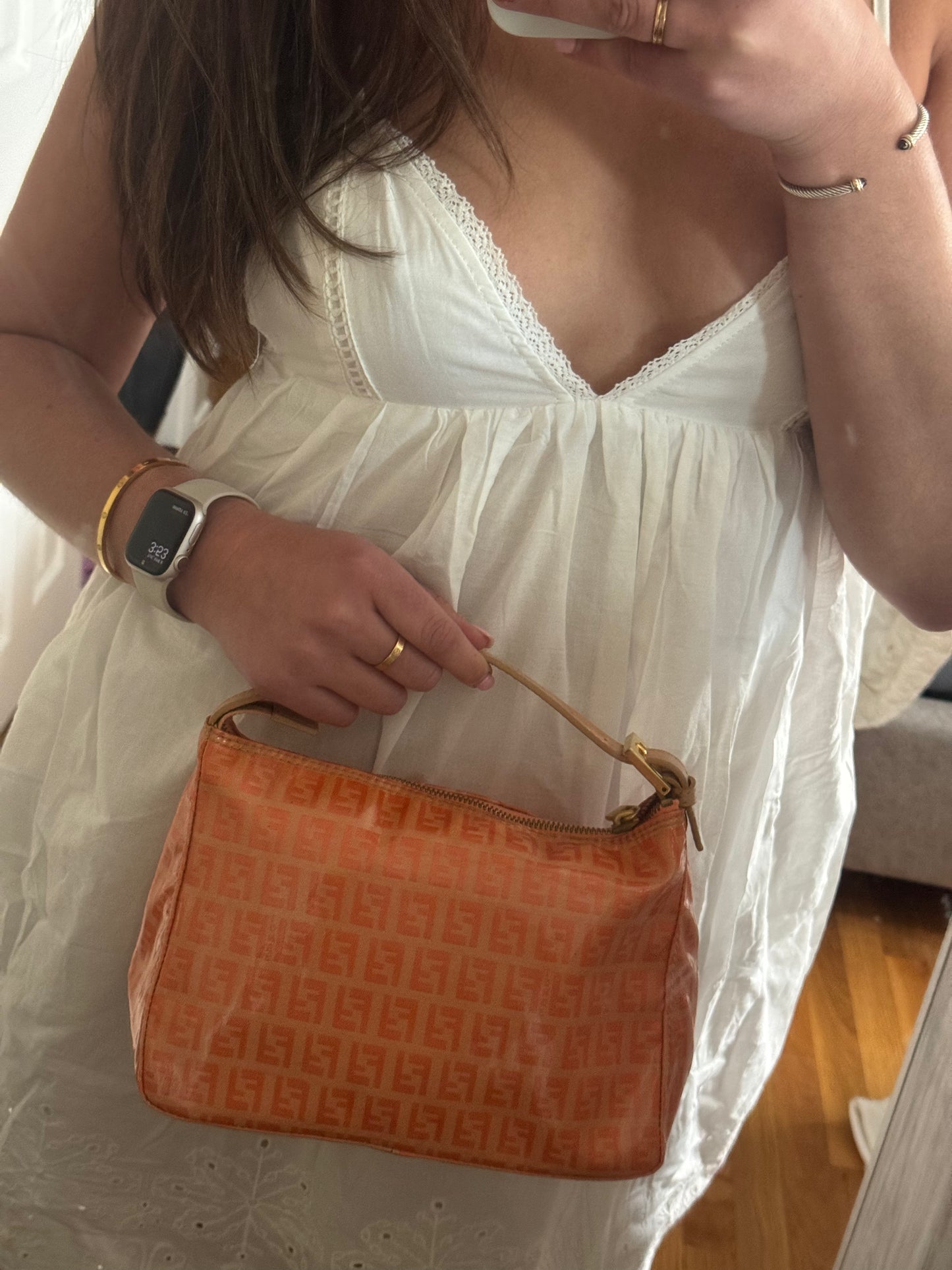 FENDI Zucchino Canvas Hand Bag Enamel coral