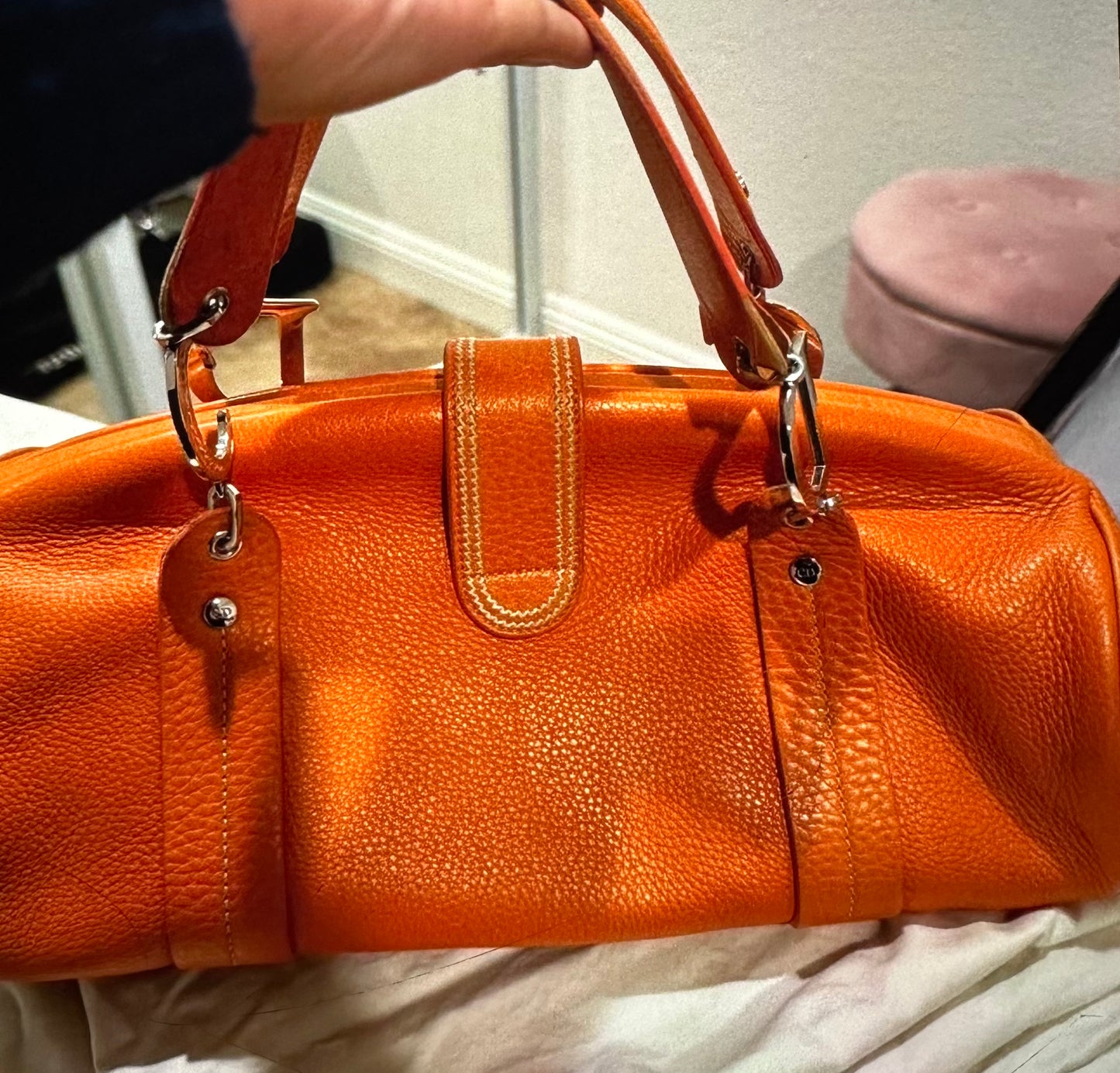 Grained Calfskin Frame Satchel Orange