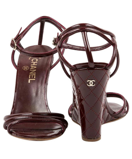 Chanel Burgundy Quilted Patent Leather Wedge Sandals 🍷