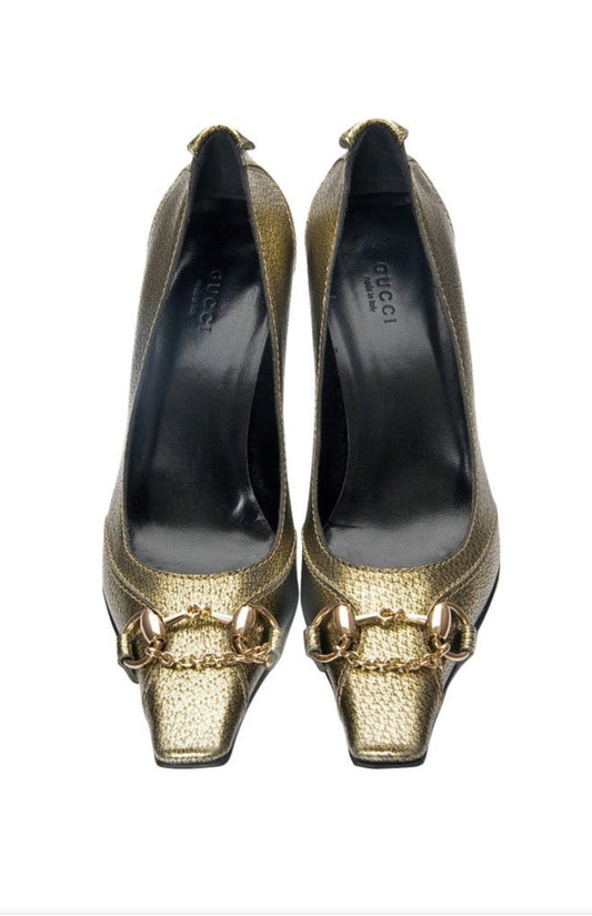 Gucci Gold Horsebit Pumps Runway Heels size 38