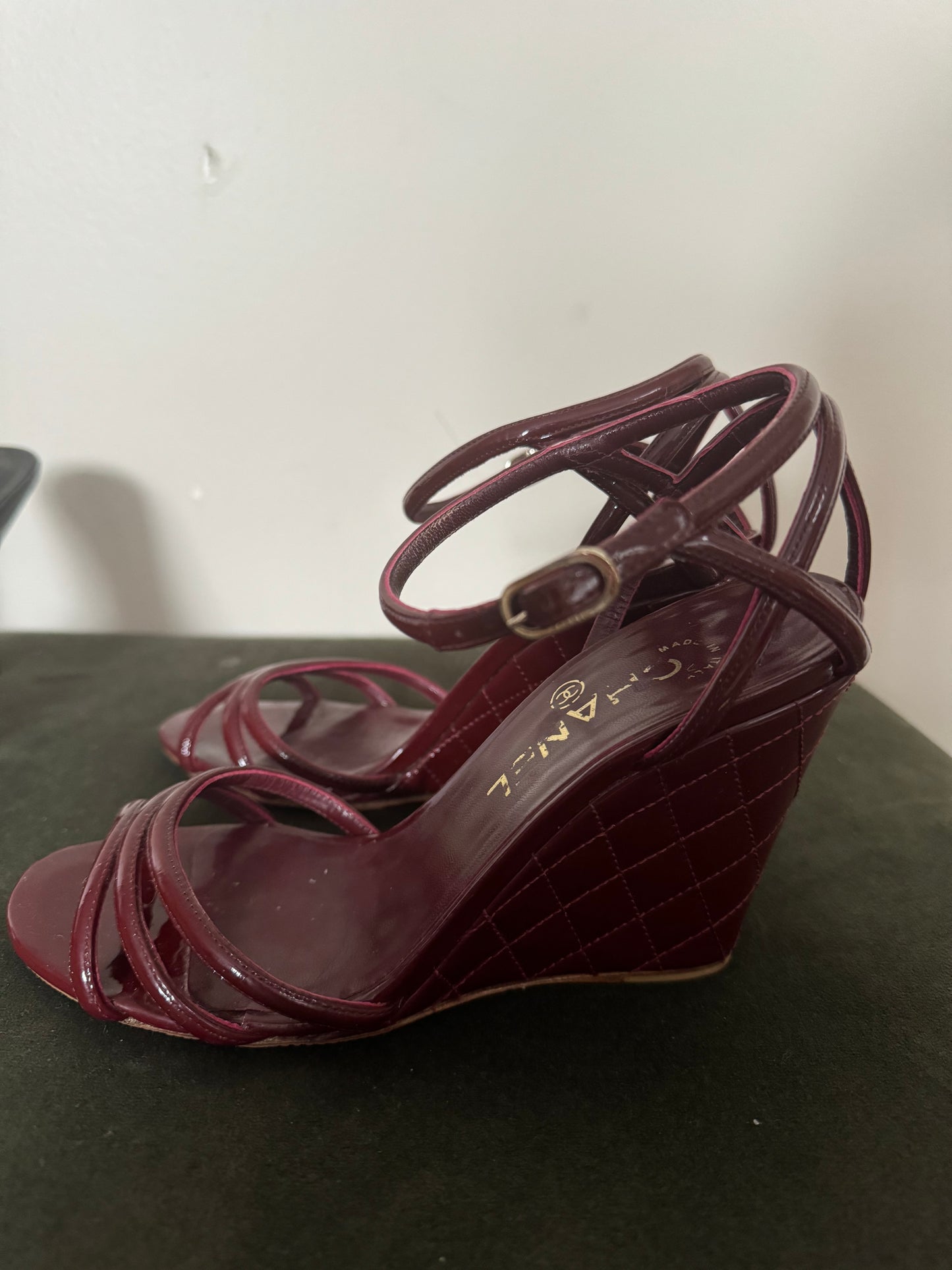 Chanel Burgundy Quilted Patent Leather Wedge Sandals 🍷