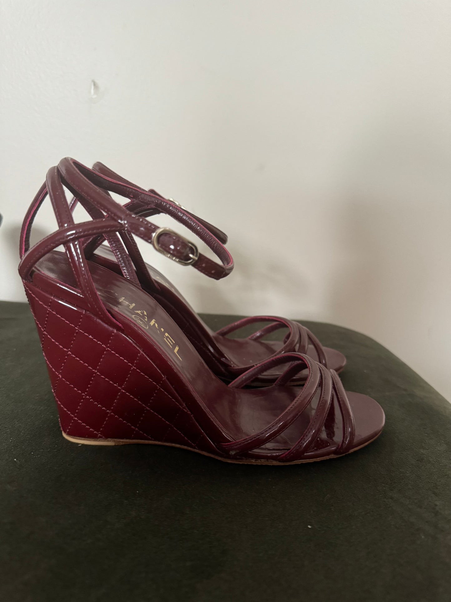 Chanel Burgundy Quilted Patent Leather Wedge Sandals 🍷